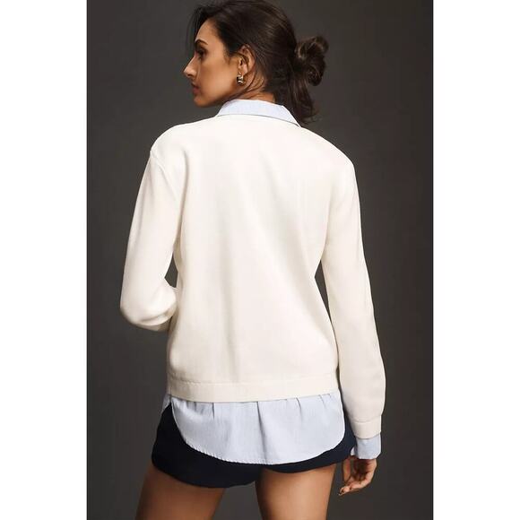 English Factory Mixed Media Cardigan Sweater White Blue Size Large - Picture 3 of 12